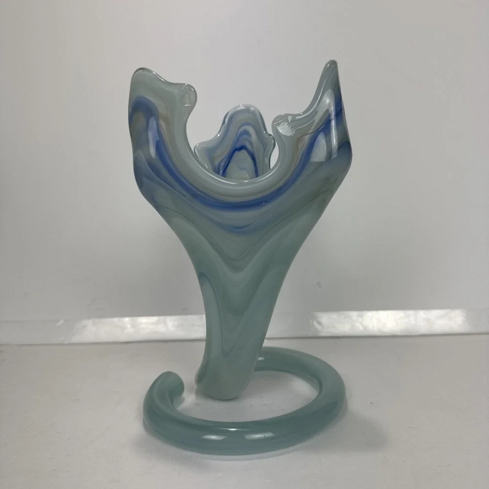VTG Y2K Hand Blown Art Glass Swirl Vase OS Blue Green Ruffled Spiral